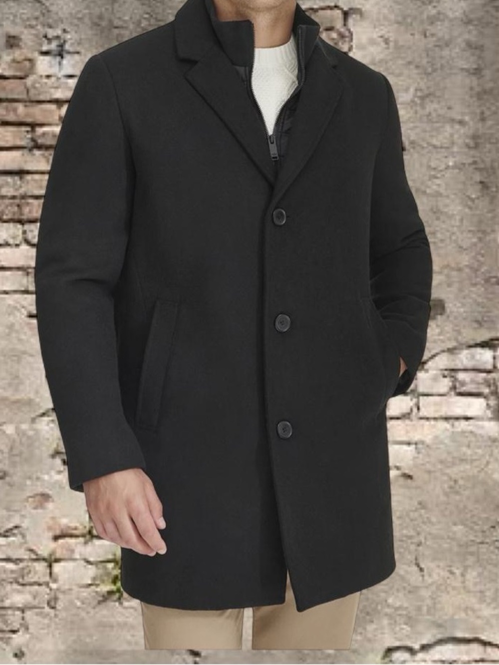 Black wool blend pea coat mid length trench coat men’s size xl - Picture 2 of 7